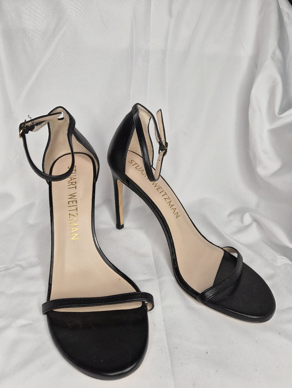 Stuart Weitzman Black Leather Nudistcurve Ankle Strap Heeled Sandals Size 8